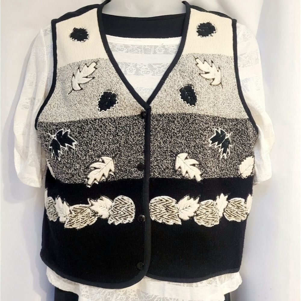VTG Casual Corner Woman Knit Ft Vest Neutral Leaf Fall Thanksgiving 1X Altered